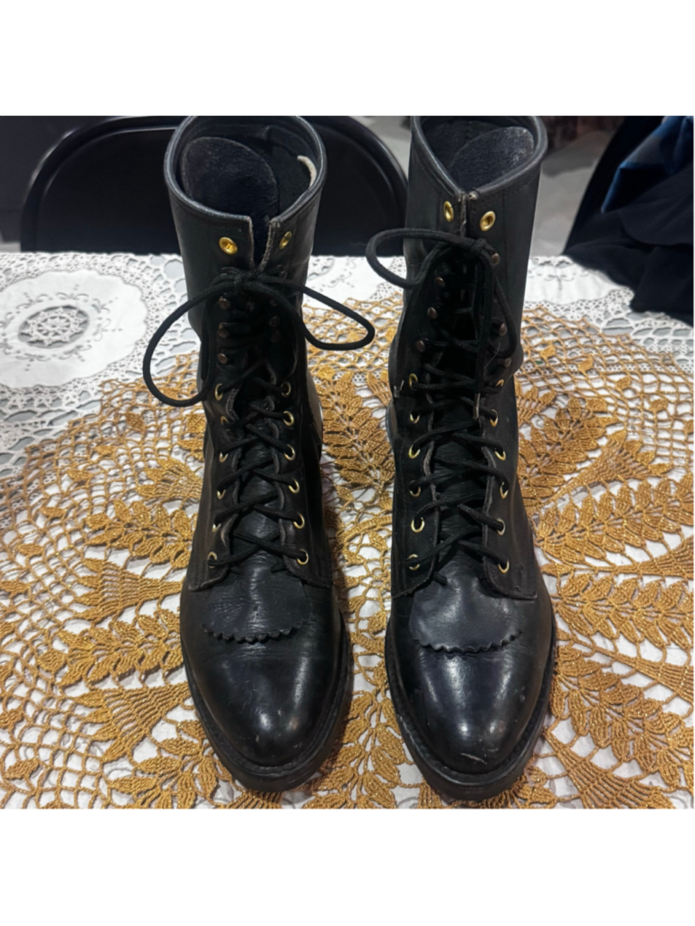 Roper Black Leather Lace-Up Work Boots with Kiltie Men 9D Women 11D